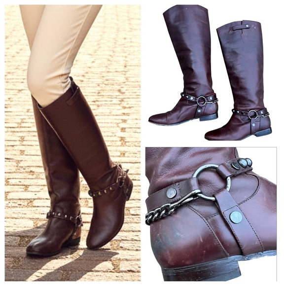 Daniblack Shoes - Brown Leather Tall Riding Boots Equestrian Style Size 7.5 Buckle Chain Old Money